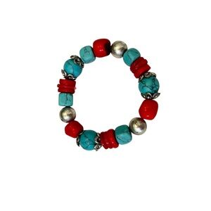 Artisan faux Turquoise & faux red coral elastic Bracelet brushed Silver Accents